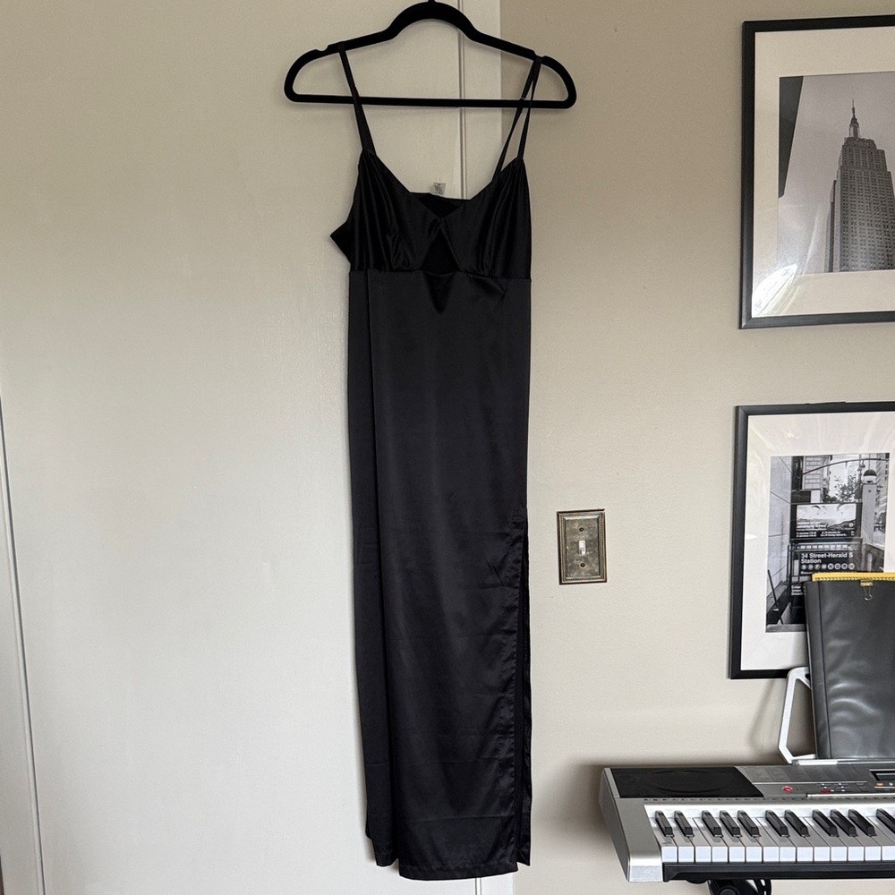 Black Satin Midi Slip Dress - Womens